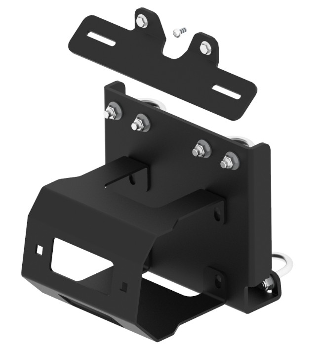 Rear winch mounting kit CFMOTO (cod 05.9700) pentru ZFORCE 1000 Sport, 1000 Sport R și 950 H.O. SPORT (USA), kit profesional de montare troliu spate, oțel vopsit electrostatic, compatibil cu majoritatea troliilor având bolt pattern 76×124 mm (ex: WARN), montaj sigur și rapid pe punctele originale
