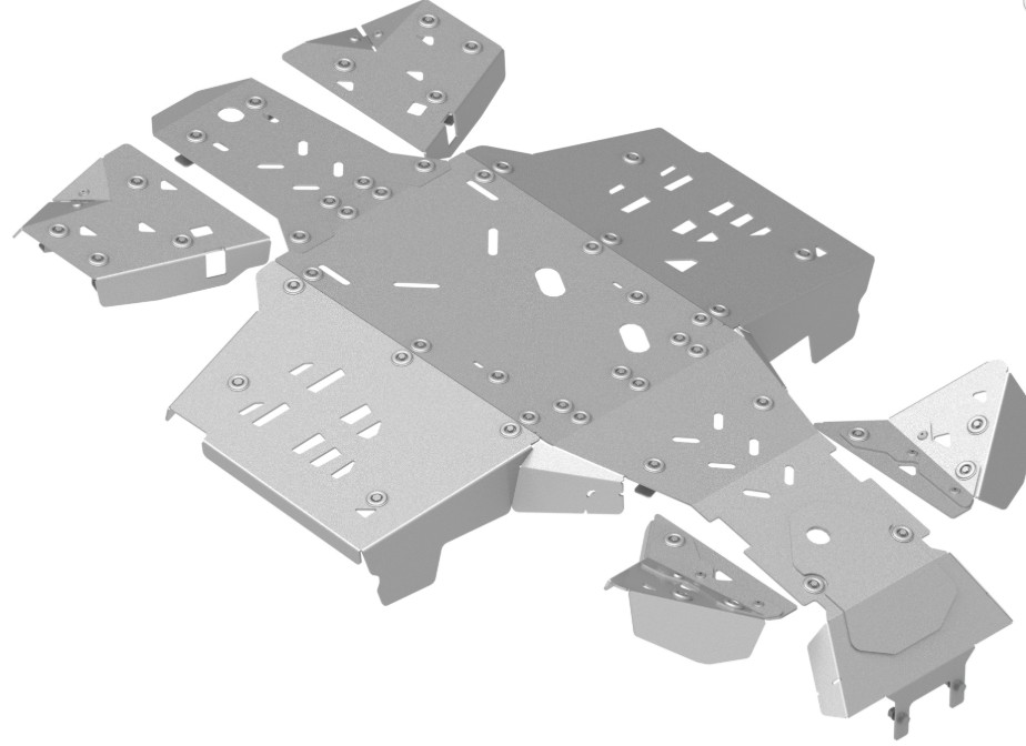 Set scuturi aluminiu Can-Am Outlander 850/1000 G3 (2025+), cod 02.33700. Grosime 4,7 mm, acoperire totală parte inferioară și frontală, durabilitate superioară, kit premium pentru utilizare intensă off-road.
