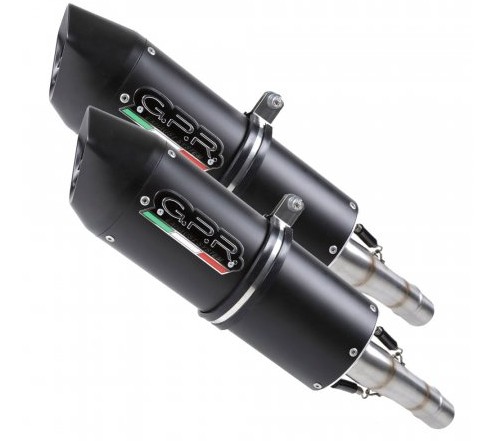 Sistem dual slip-on GPR FURORE A.35.FUNE, cu silențere FURORE NERO din aluminiu negru mat și capete din avional prelucrate CNC, formă eliptică 90x120 mm, livrat cu tevi de racord pentru montaj plug&play pe evacuarea originală