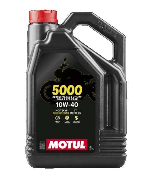 Ulei moto Motul 5000 10W40 4T 4L cod 104056, semi‑sintetic API SN JASO MA2, protecție motor și ambreiaj umed pentru motociclete 4 timpi