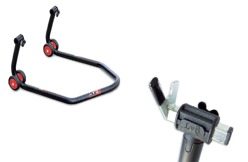 Stander spate moto LV8 DIAVOL extra low cu adaptoare V Fork E620/08C, ideal pentru motociclete sport și touring joase.