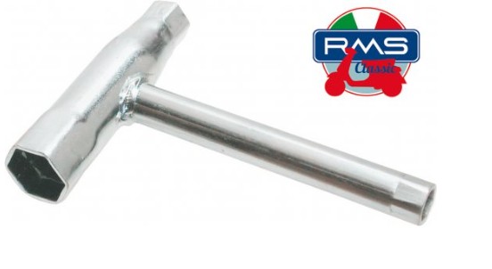 Cheie bujii RMS 267000220 pentru mopede și scutere. Unealtă metalică rezistentă pentru montare și demontare bujii.